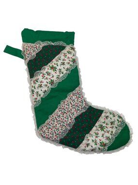 Handmade Vintage Christmas Stocking Green Patchwork Lace Trimmed